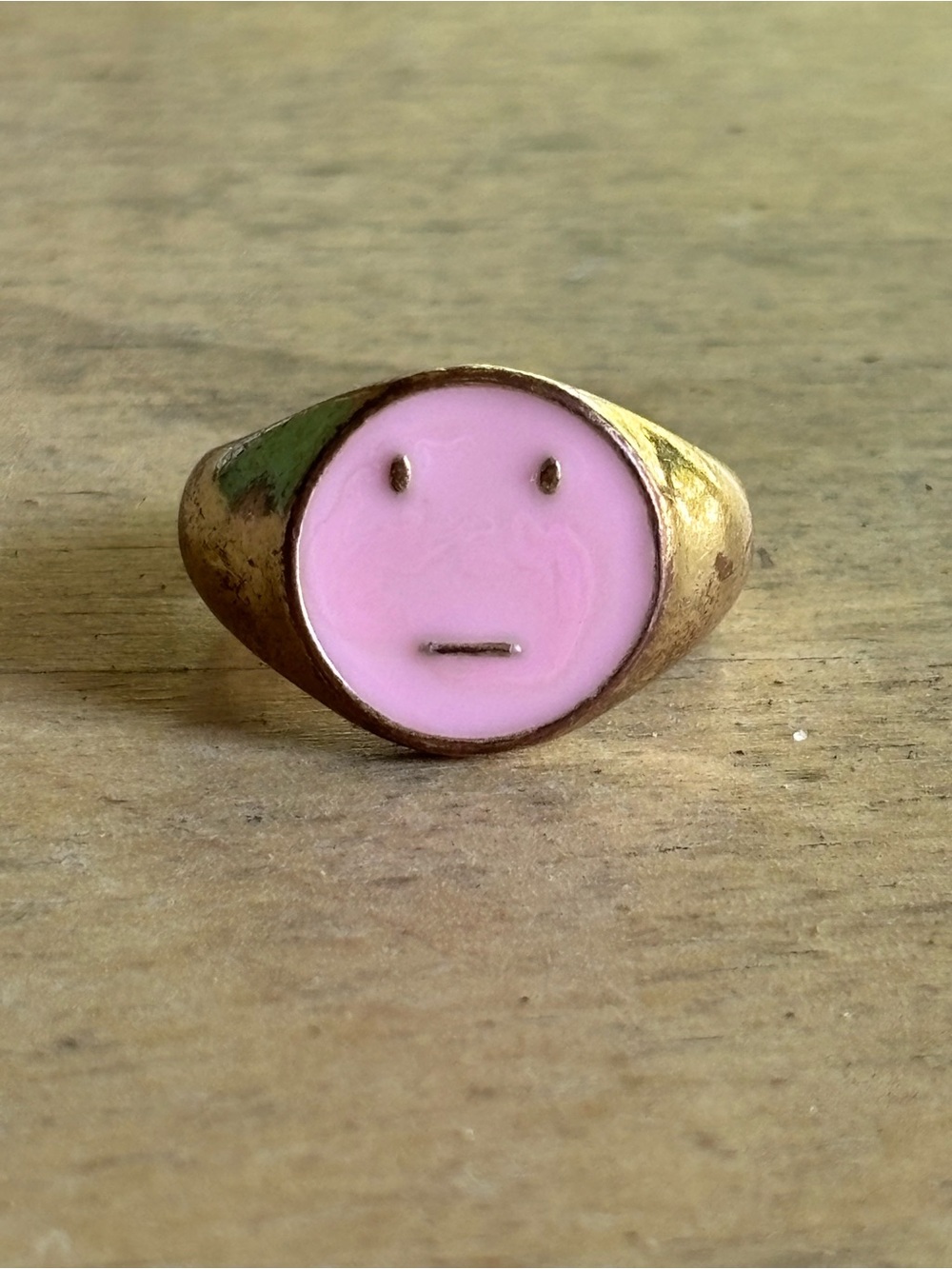 Gold Tone Pink Enamel Smile Face Ring